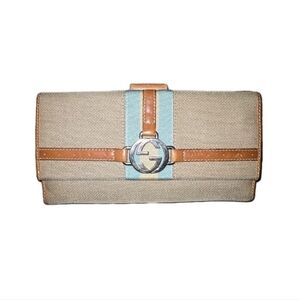 RARE Authentic Gucci Amalfi Beige and Brown Cloth Wallet with Silver Accent EUC
